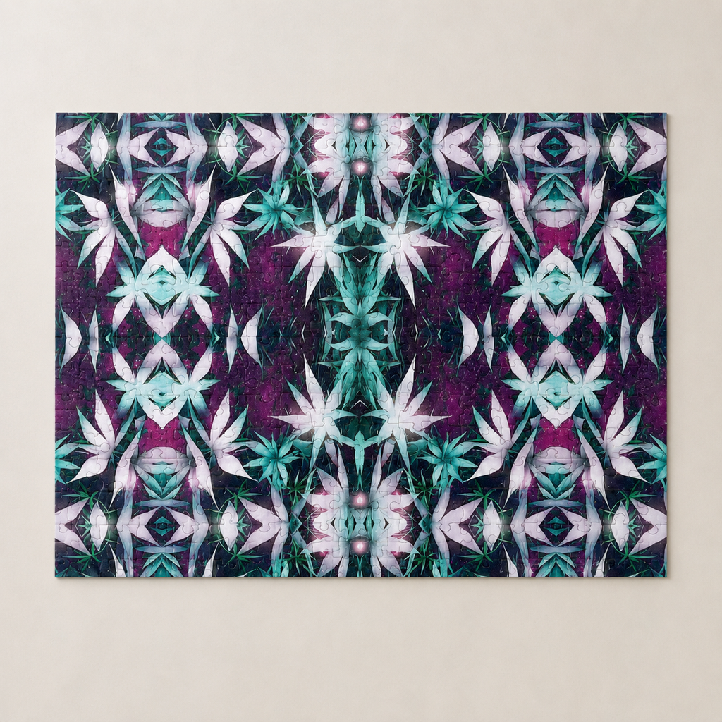 A completed jigsaw puzzle featuring a symmetrical, kaleidoscopic abstract pattern in purple, teal, white, and black, displayed flat against a light beige background.