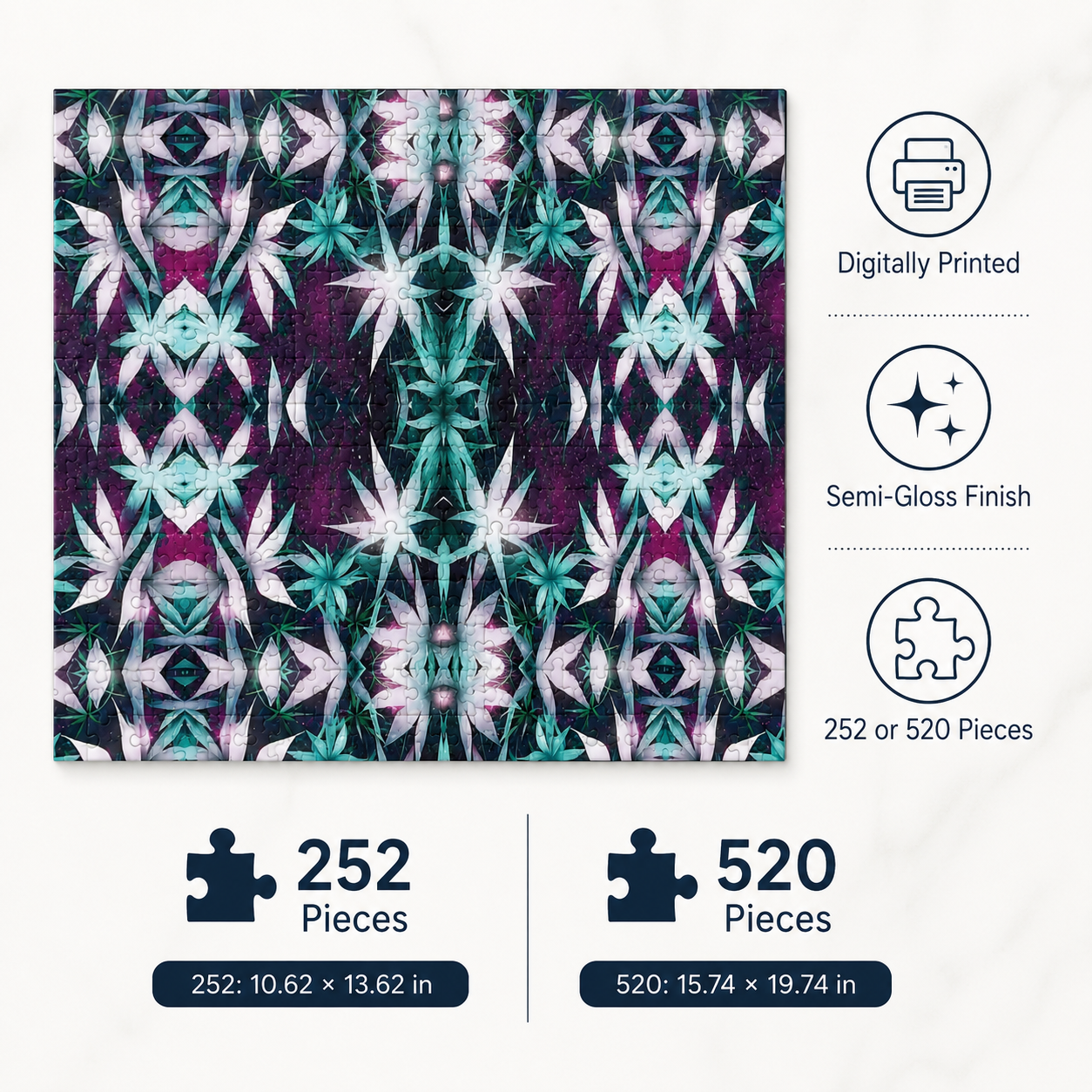 A square fabric or paper craft sheet with a mirrored geometric pattern in purple, teal, white, and pink, shown on a light background with printed specs: 'Digitally Printed,' 'Semi-Gloss Finish,' '252 or 520 Pieces,' and dimensions for both 252 and 520 piece versions.