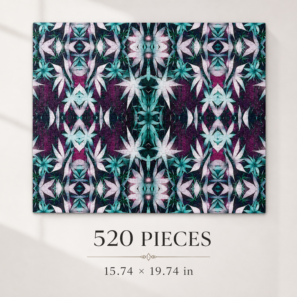 A completed jigsaw puzzle featuring a symmetrical, kaleidoscopic floral pattern in teal, white, and deep purple, displayed on a light beige wall above text that reads '520 PIECES' and '15.74 x 19.