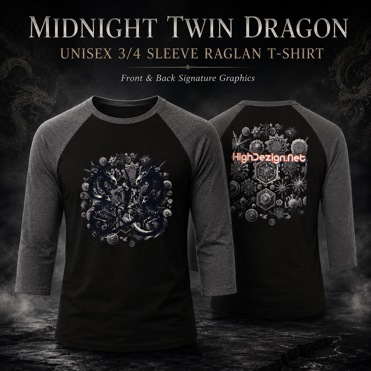 A 3/4 sleeve raglan T-shirt shown from the front and back on a dark gothic-themed background. The shirt has a black body and dark gray sleeves, featuring a detailed blue and white dragon graphic on the front and a matching gray graphic on the back.