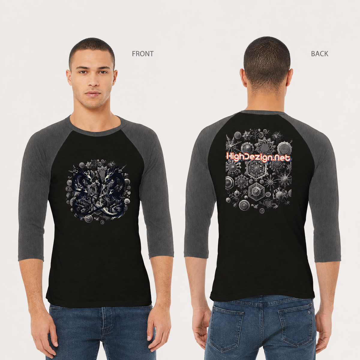 A male model shown from the front and back wearing a black and gray 3/4-sleeve raglan baseball t-shirt. The front features a circular dark blue graphic, and the back features a circular gray graphic with the text 'HighDesign.