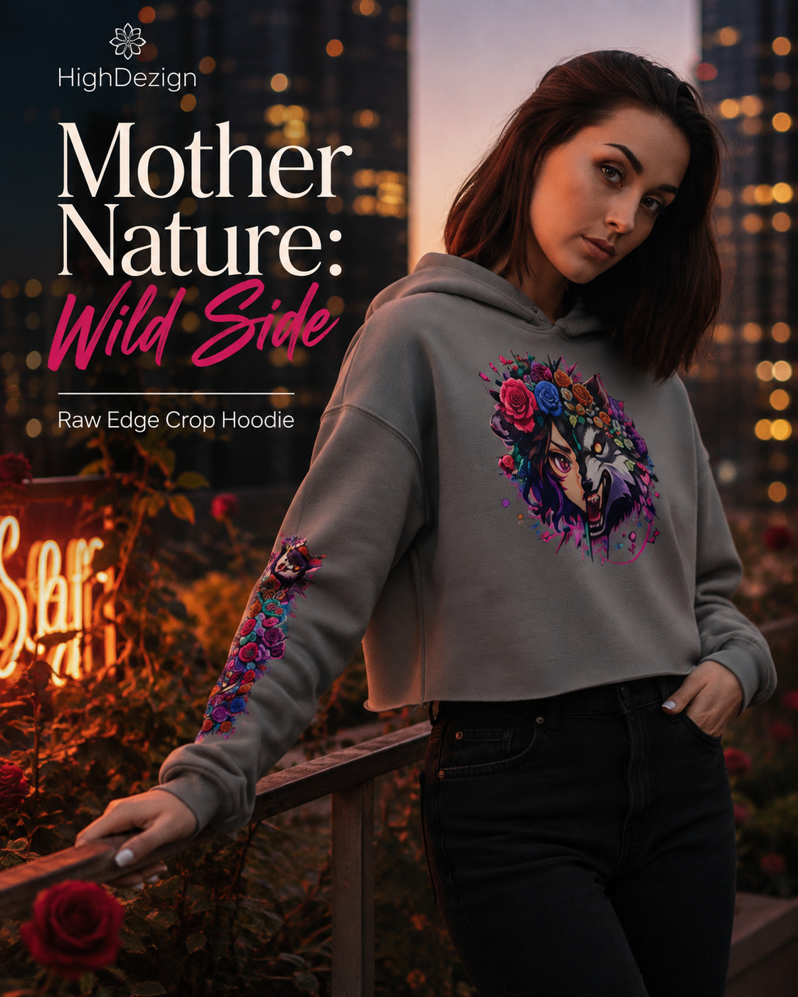 A woman wearing a gray cropped hoodie with a colorful floral wolf graphic on the chest and purple floral embroidery on the sleeve, posed outdoors at dusk with city lights and roses in the background. Text on the left reads 'HighDezign Mother Nature: Wild Side Raw Edge Crop Hoodie'.