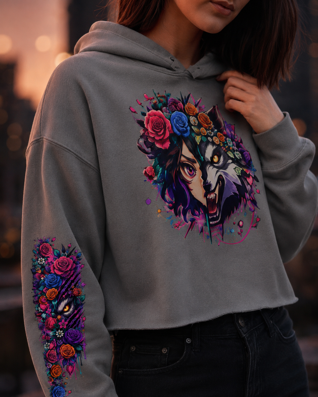 A woman wearing a gray cropped hoodie with a colorful graphic of a wolf face surrounded by flowers on the chest and matching floral sleeve print, photographed against an outdoor city sunset background.