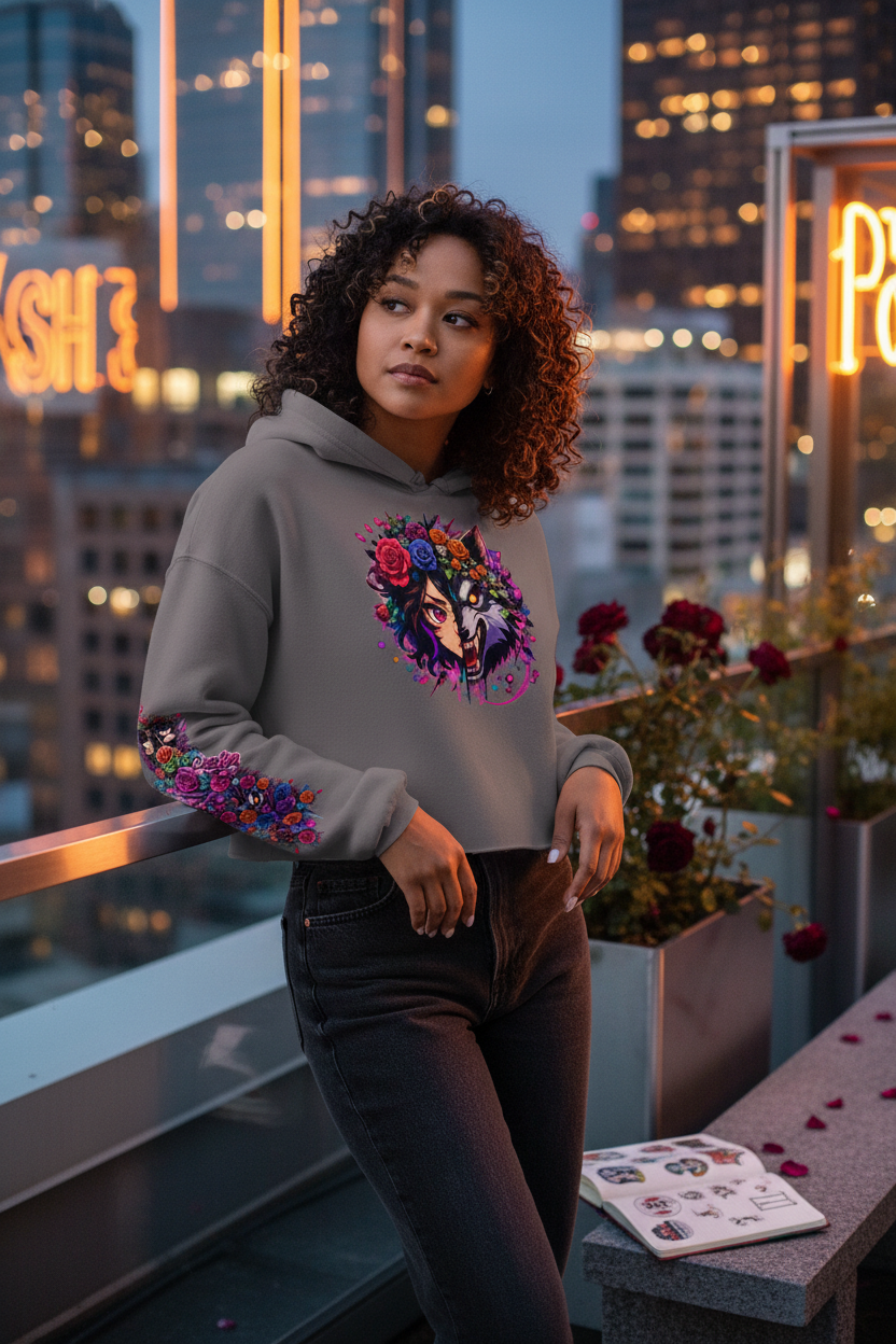 Woman wearing a hoodie with a colorful design on a rooftop at night.