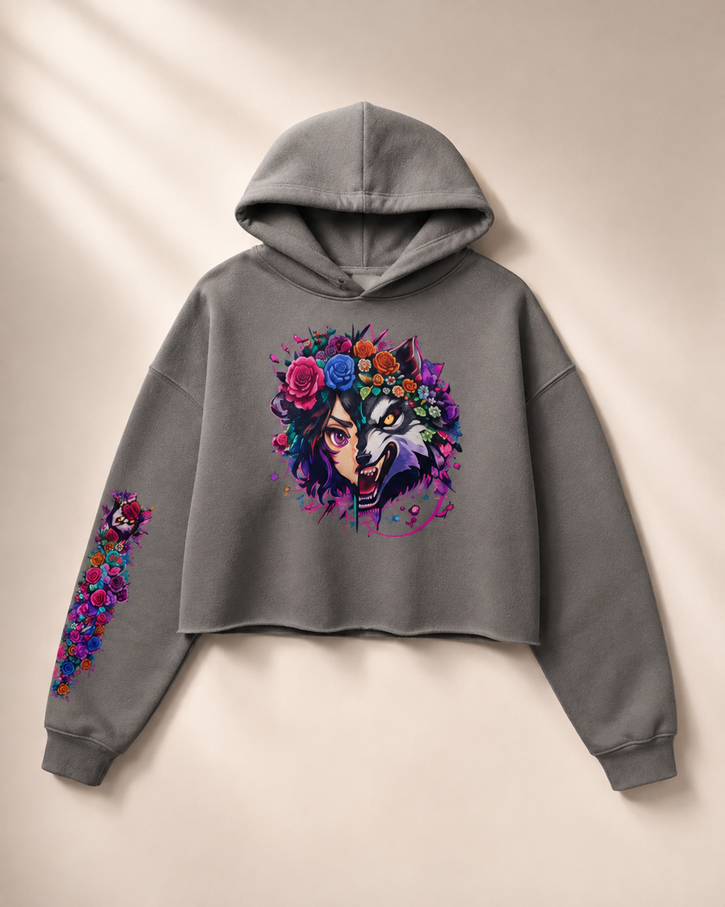 A cropped gray hoodie with a colorful graphic print of a wolf face surrounded by flowers on the chest, and a matching floral print on the sleeve, displayed on a warm beige background with soft shadow overlays.