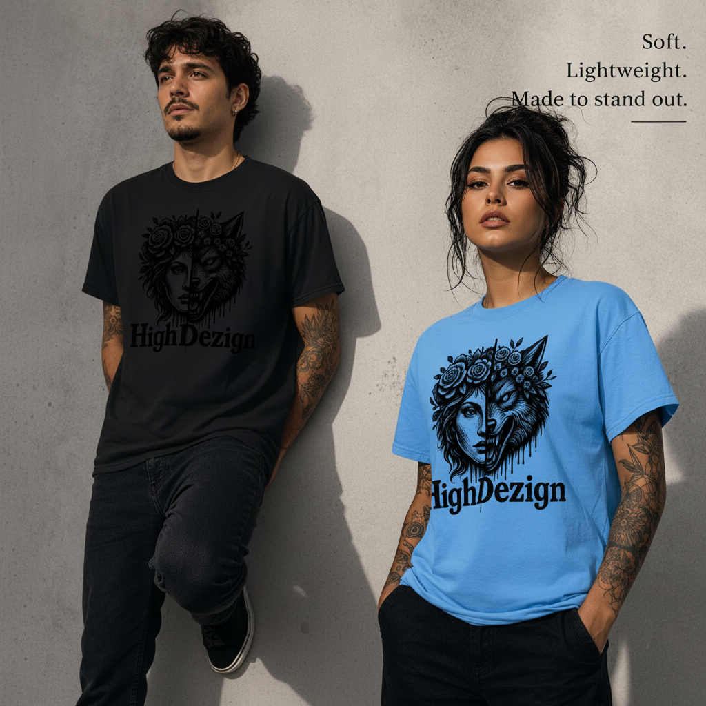 Two models wearing graphic t-shirts with a split-face design and the text 'HighDezign'. The model on the left wears a black t-shirt, and the model on the right wears a light blue t-shirt.