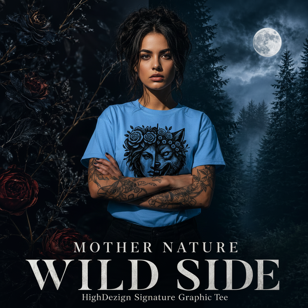 A woman wearing a light blue graphic t-shirt with a black wolf and rose design and the text 'HighDeziga' on the front, set against a dark, moody forest background with a full moon. Text at the bottom reads 'MOTHER NATURE WILD SIDE' and 'HighDezign Signature Graphic Tee'.