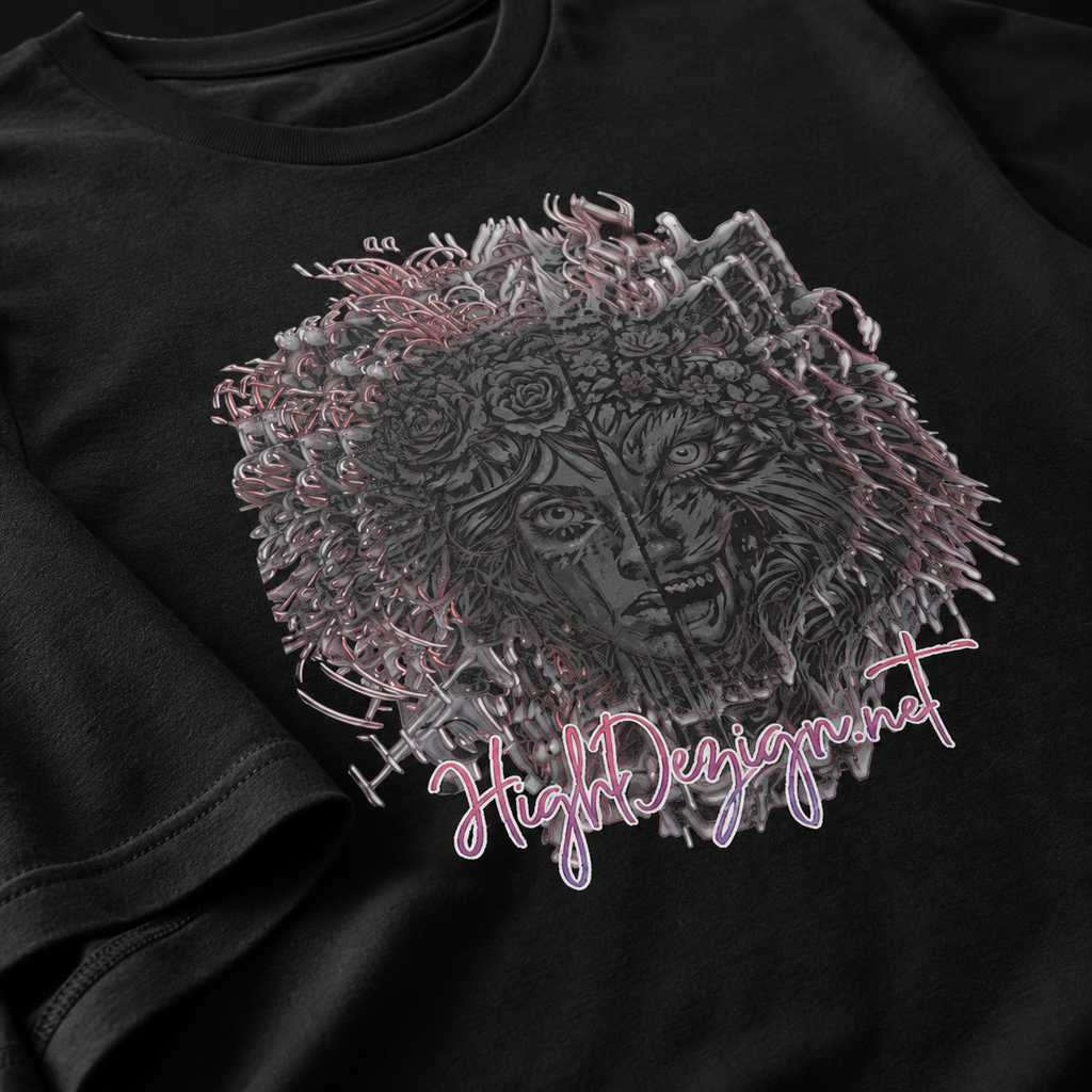 Close-up of a black T-shirt with a large graphic print featuring a stylized face surrounded by roses and the text 'HighDegigmunt' in pink and white script.