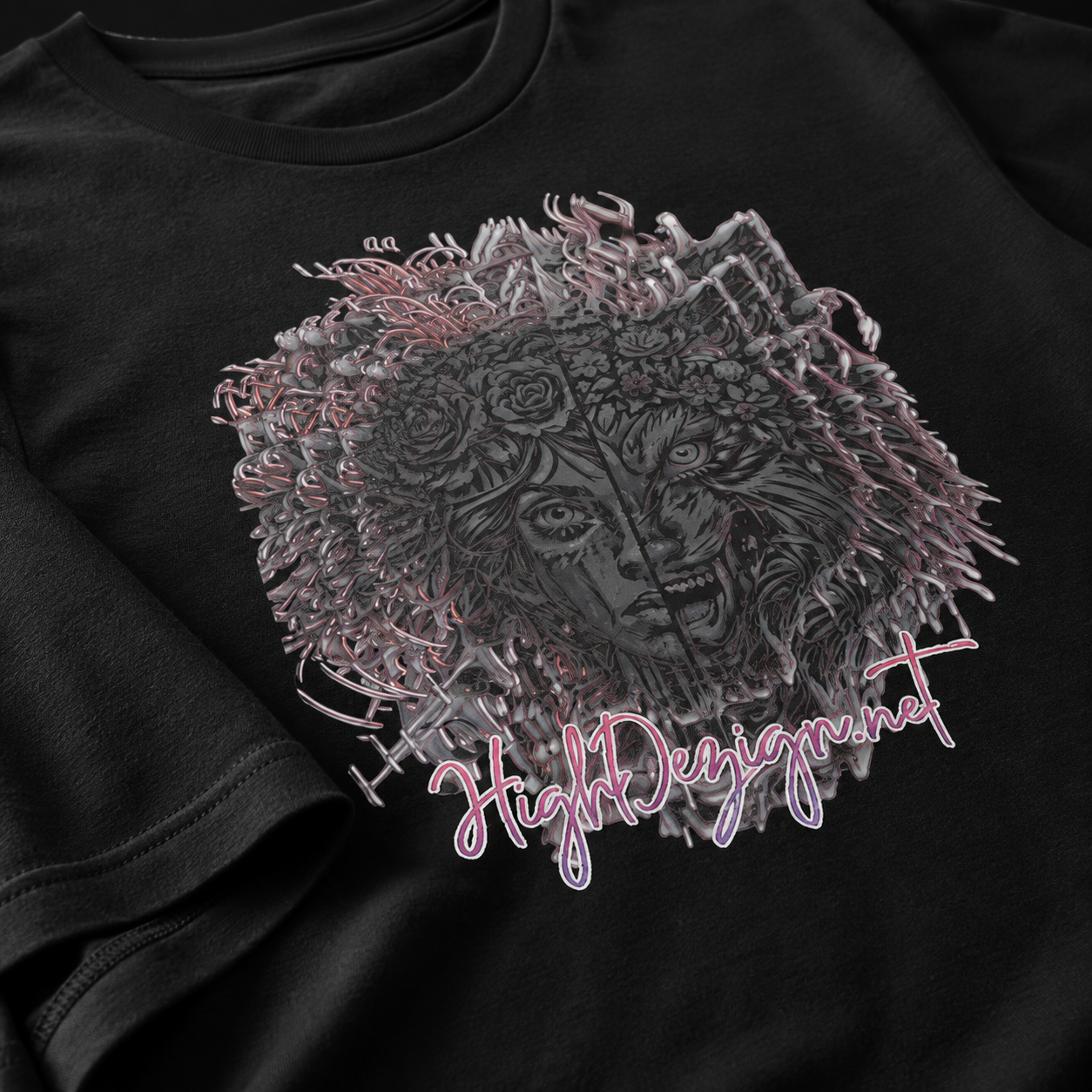 Close-up of a black T-shirt with a large graphic print featuring a stylized face surrounded by roses and the text 'HighDegigmunt' in pink and white script.
