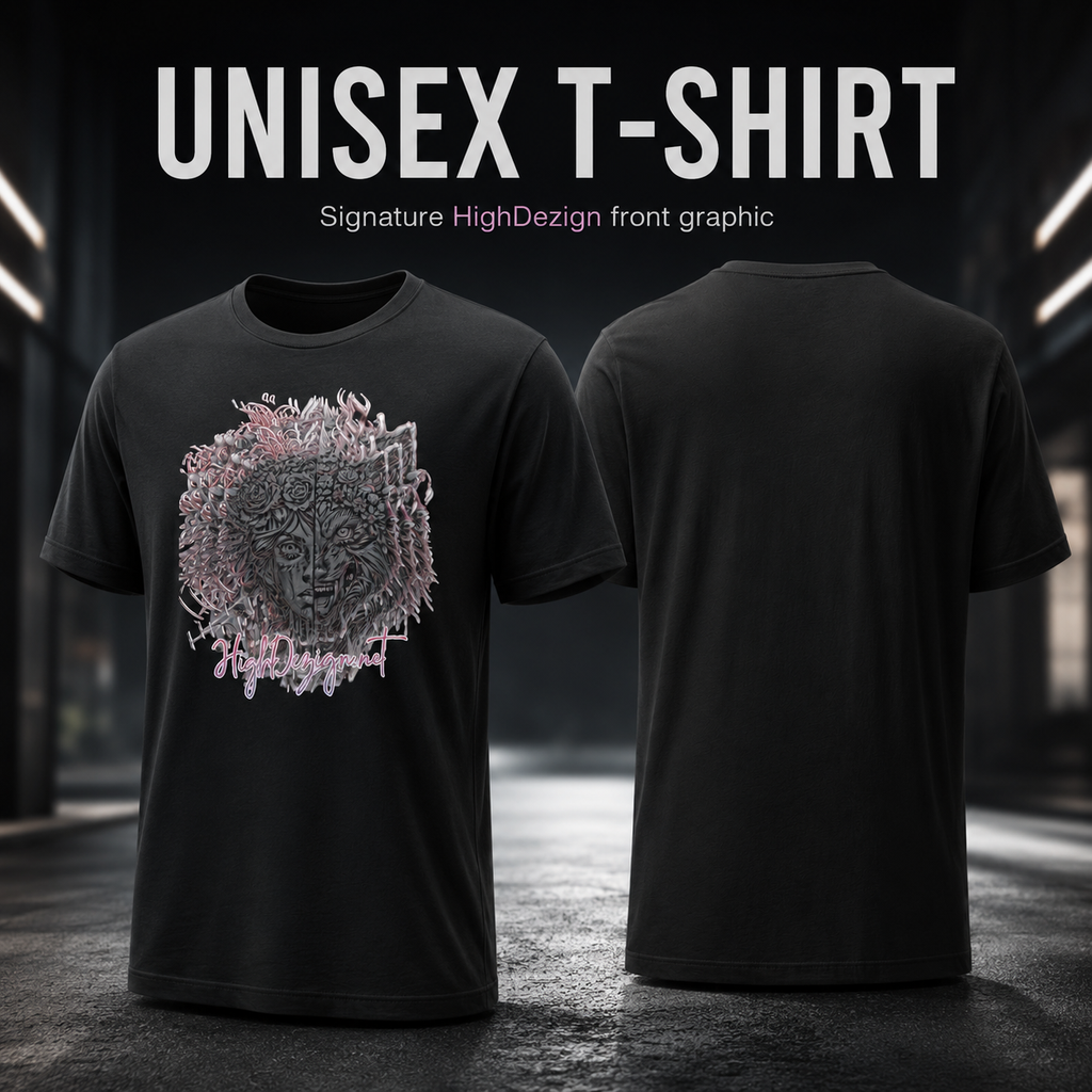 A black unisex t-shirt shown from both front and back views against a dark, moody urban background. The front features a detailed graphic of a stylized lion head surrounded by a geometric circular frame in shades of gray, black, and pink.