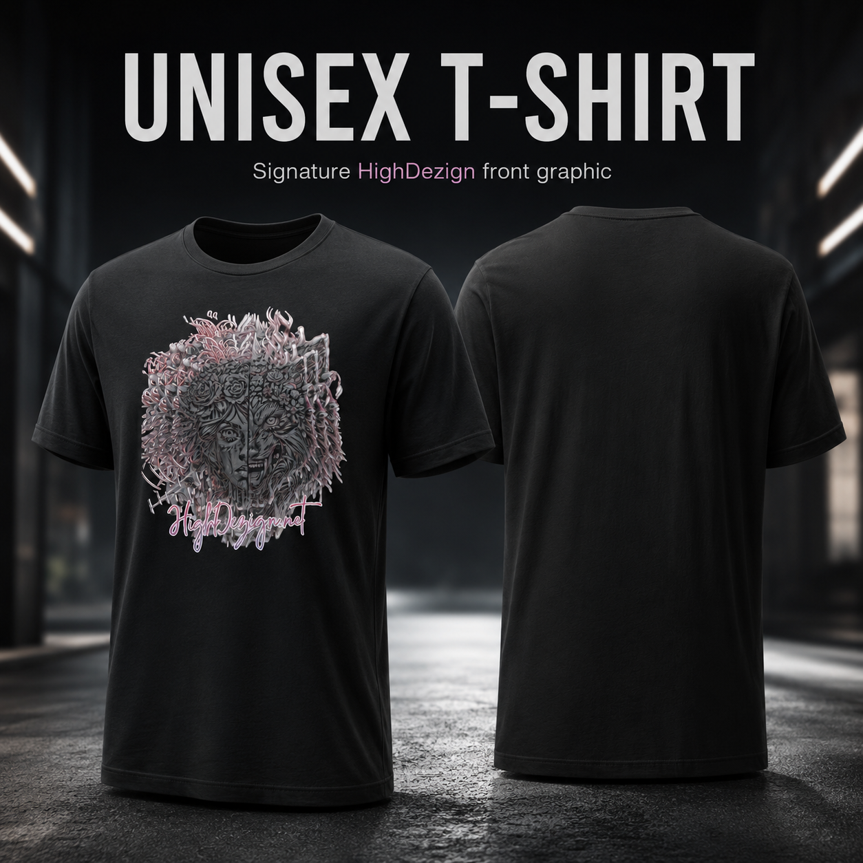 A black unisex t-shirt shown from both front and back views against a dark, moody urban background. The front features a detailed graphic of a stylized lion head surrounded by a geometric circular frame in shades of gray, black, and pink.