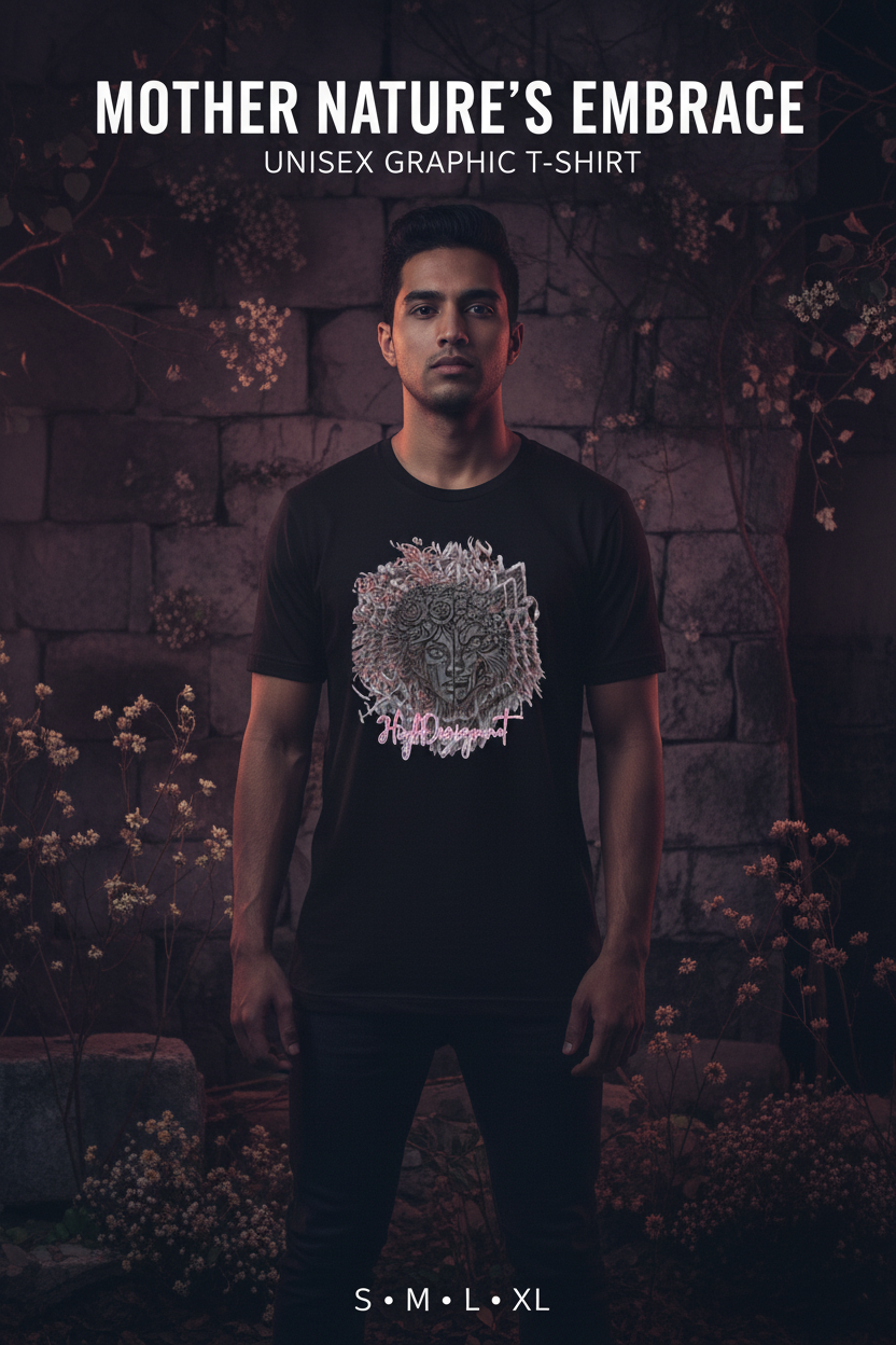A man wearing a black graphic t-shirt with a circular, textured pink and white design on the chest, standing in front of a dark stone wall with small flowers. Text overlays read 'MOTHER NATURE'S EMBRACE', 'UNISEX GRAPHIC T-SHIRT', and 'S•M•L•XL'.