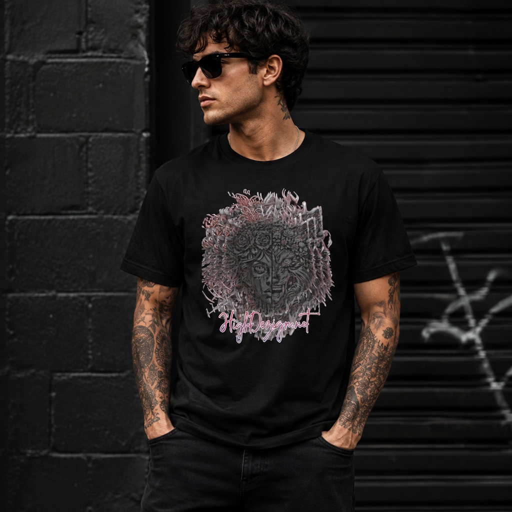 A man wearing a black graphic t-shirt with a detailed skull design and the text 'Hells Angels' in pink, standing in front of a dark brick wall and metal shutter.