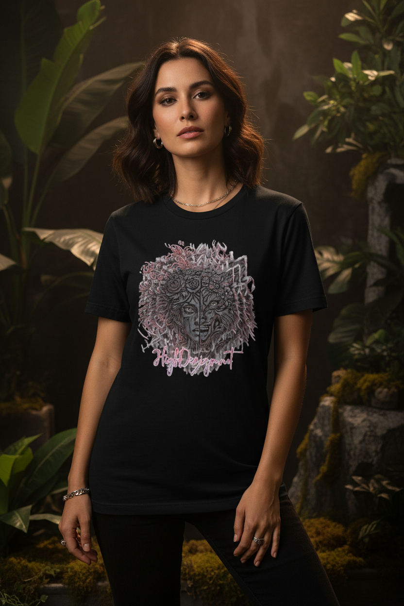 A woman modeling a black short-sleeve t-shirt with a large, detailed graphic of Medusa's face in gray and pink tones, set against a dark, lush jungle backdrop.