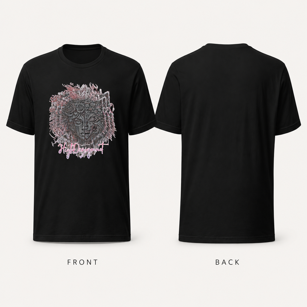 Black short-sleeve crewneck T-shirt shown from both front and back on a light gray background. The front features a large circular graphic print with a stylized face and abstract pink, purple, and gray details.