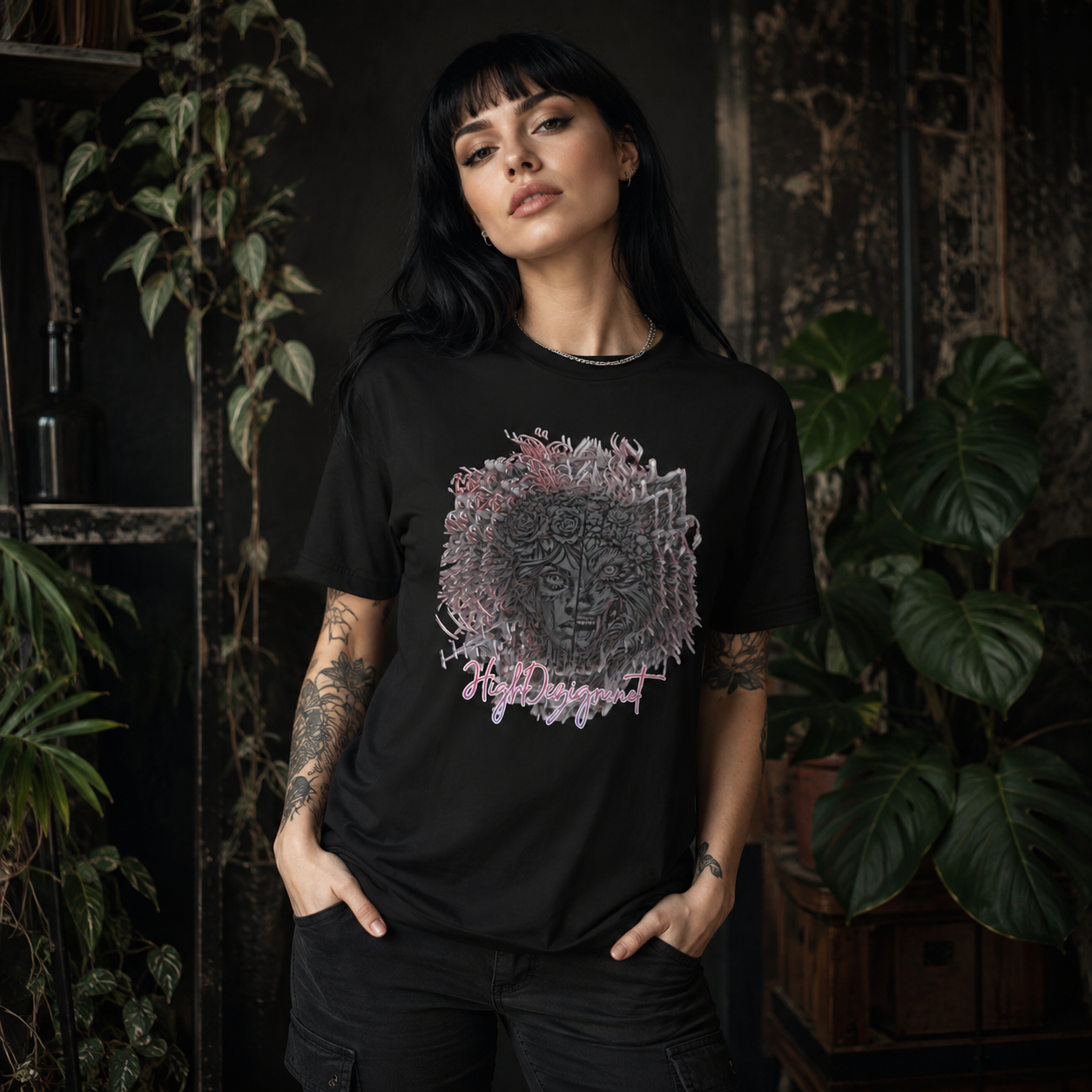 A woman with dark hair and tattoos wearing a black graphic t-shirt with a circular skull design and pink text, standing in a dark room with potted plants.