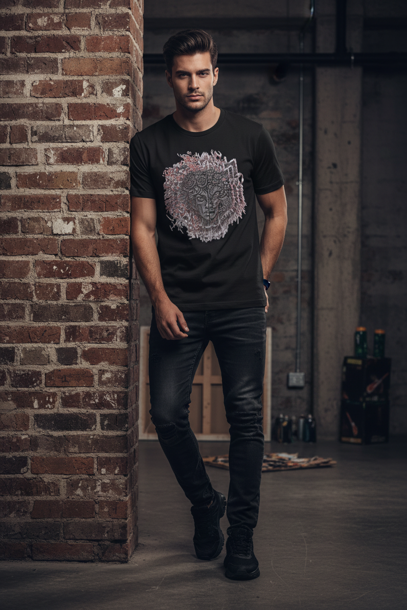 A man wearing a black graphic t-shirt with a large lion head design, black jeans, and black boots, standing in a dimly lit industrial loft with a brick pillar.