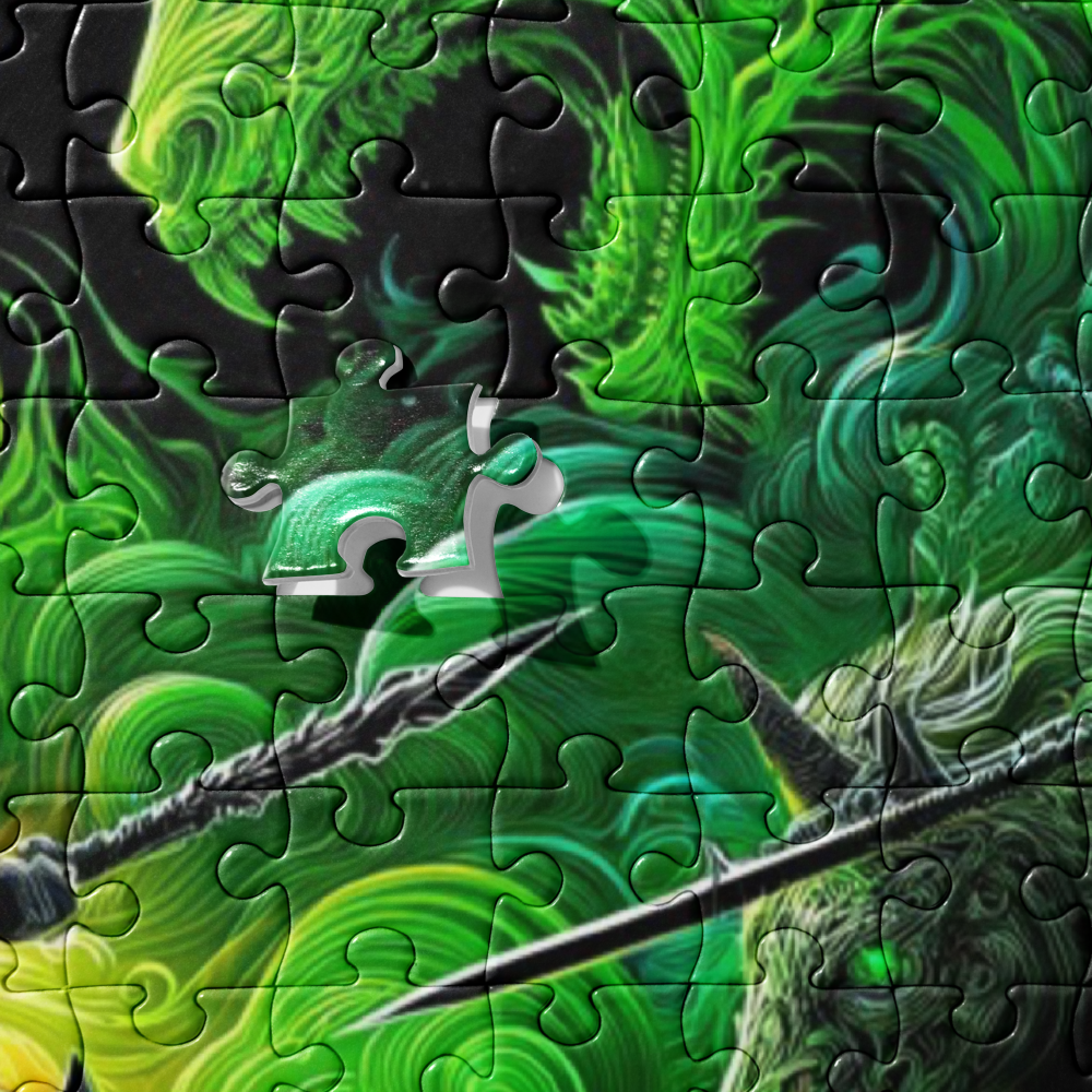 Jigsaw puzzle with a green and black design, featuring a spear and shield.