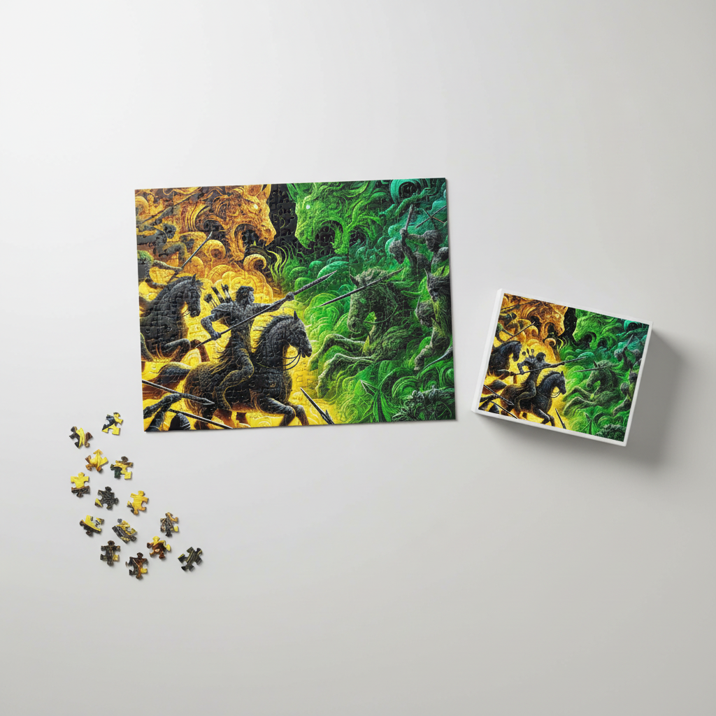 Jigsaw puzzle with a colorful design of animals on a white background