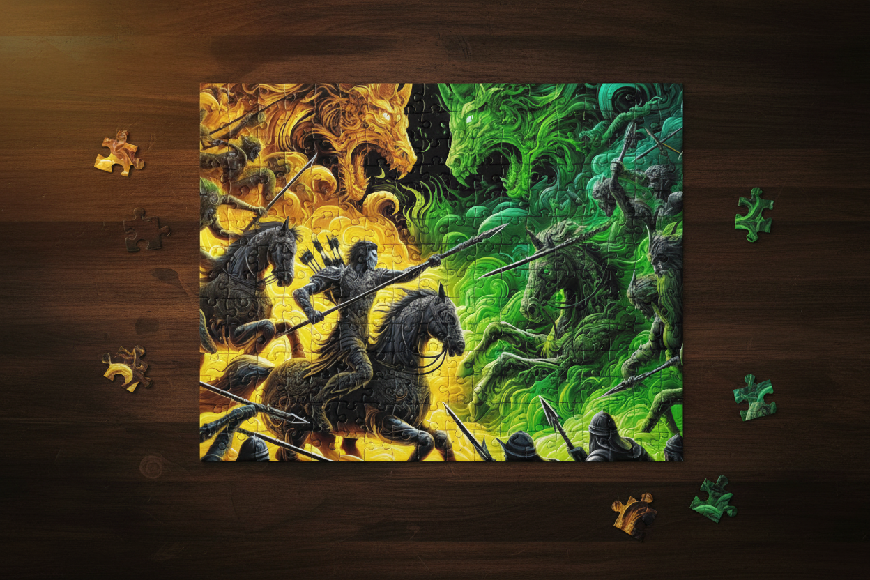 Artistic depiction of a warrior on horseback with a dragon-like creature in a dynamic battle scene.