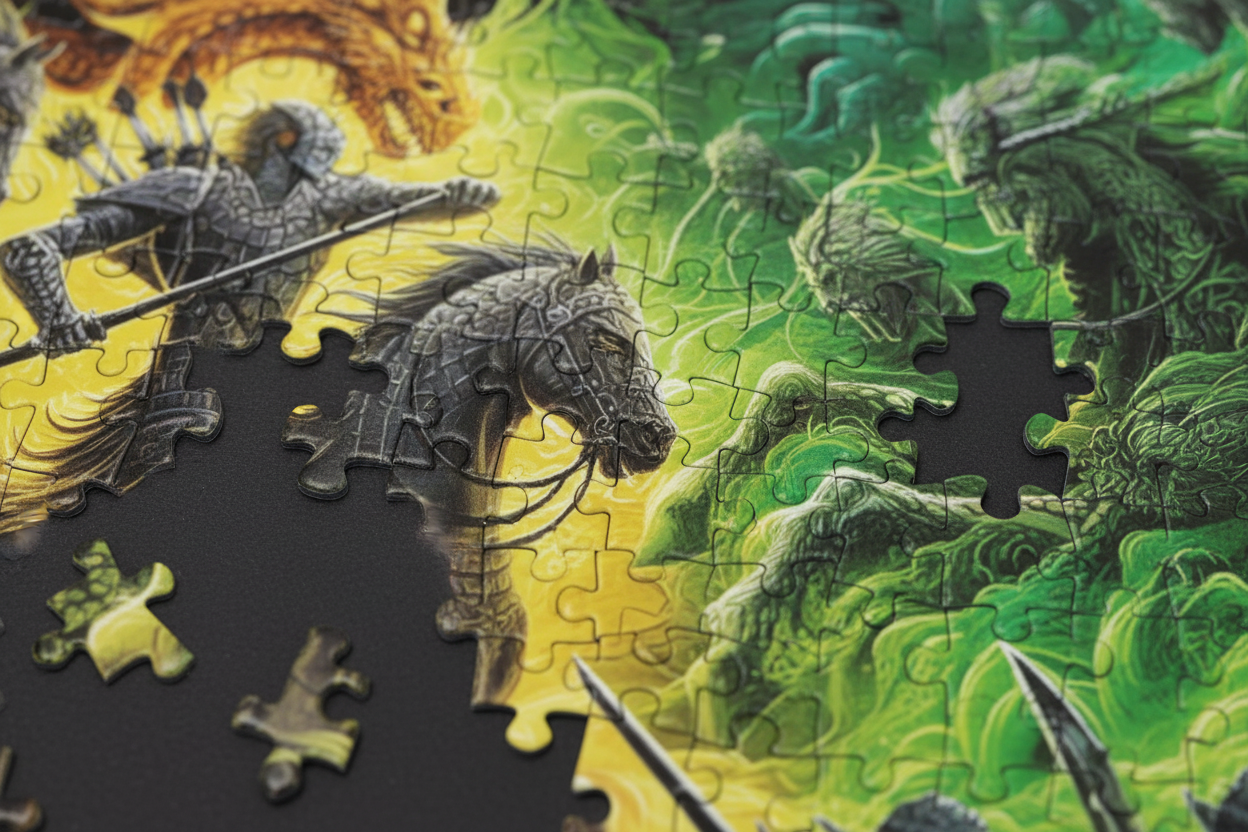 Two people working on a puzzle of a colorful dragon on a wooden floor.