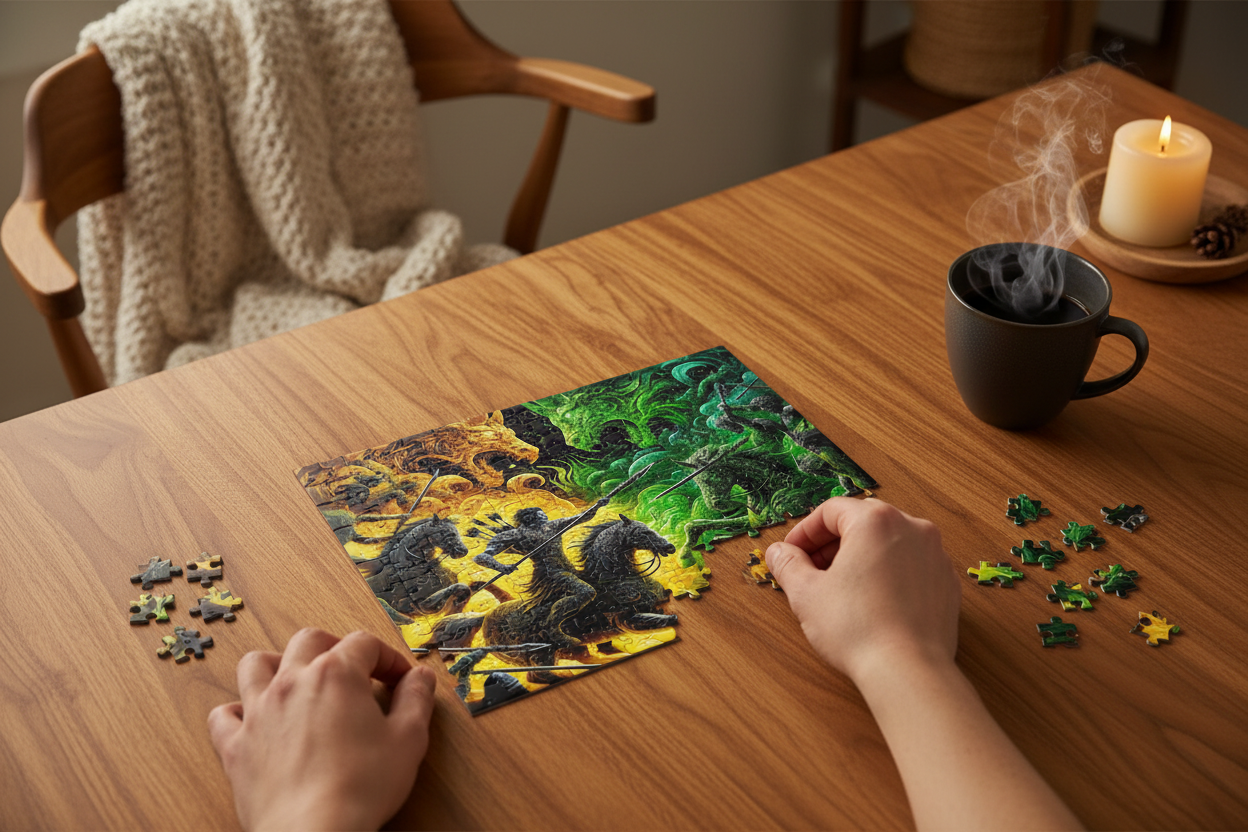 Jigsaw puzzle with warrior and dragon design on a white background