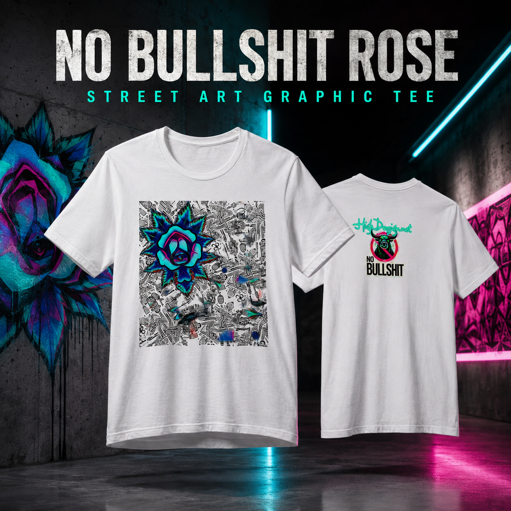 Two white graphic street art t-shirts shown against a dark neon-lit wall. The front shirt features a large black-and-white collage print with a bright blue starburst and graffiti elements.