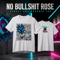 Two white graphic street art t-shirts shown against a dark neon-lit wall. The front shirt features a large black-and-white collage print with a bright blue starburst and graffiti elements.