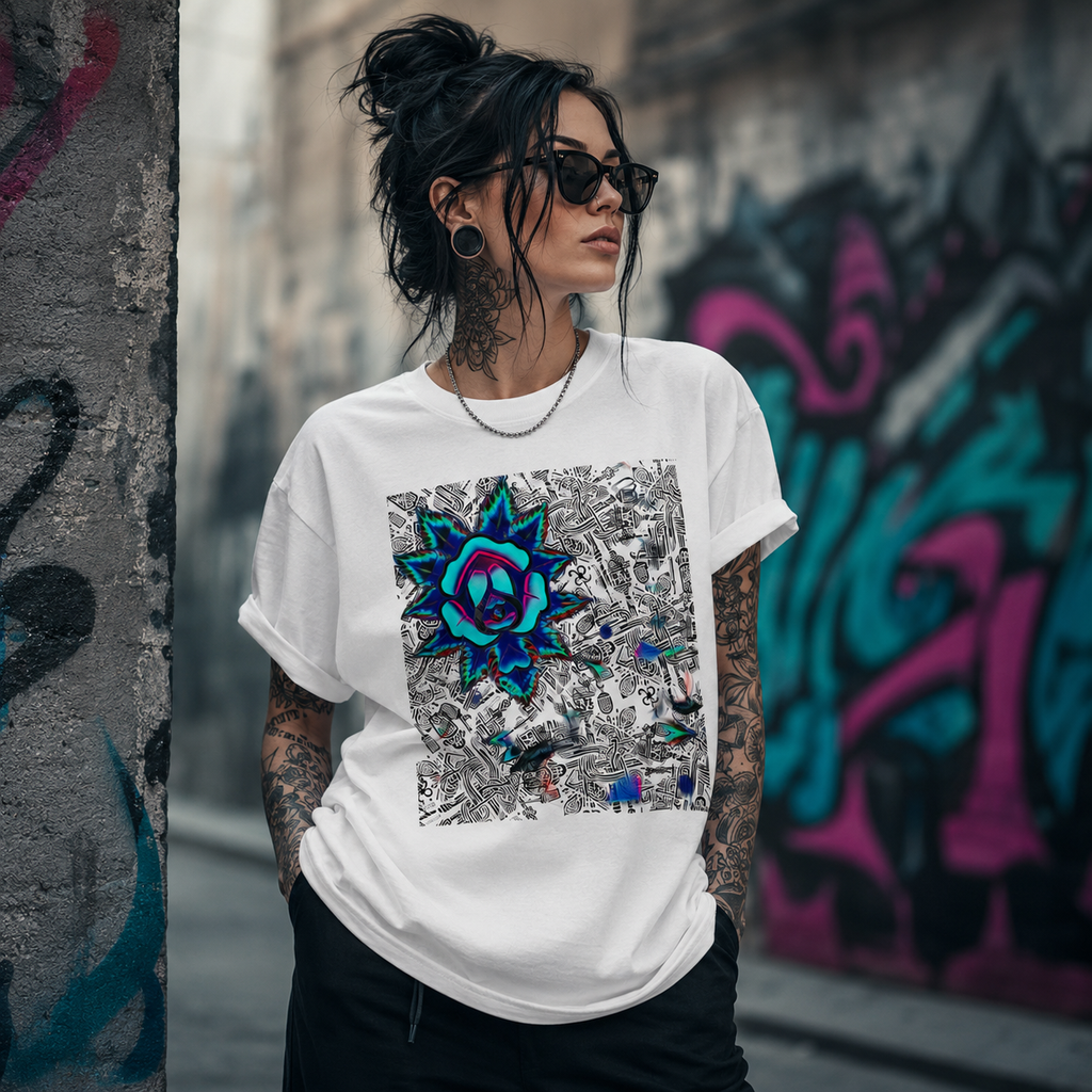 A woman wearing a white graphic t-shirt with a colorful neon flower design, standing in front of a graffiti-covered wall.