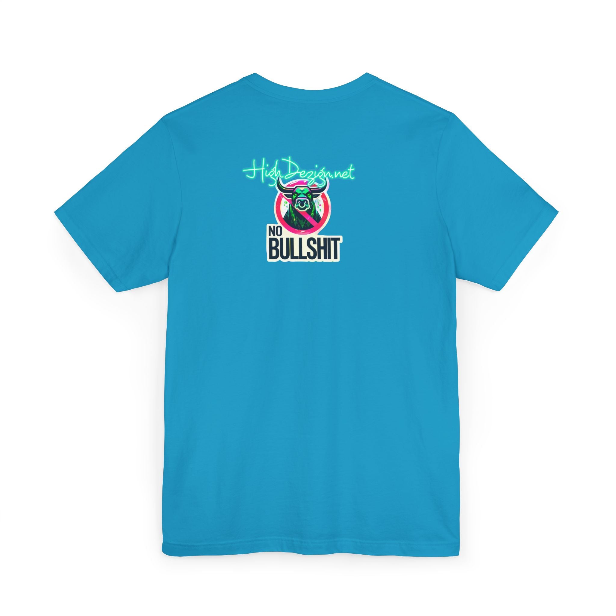 A bright blue short-sleeve t-shirt shown from the back, featuring a graphic print with the text 'Help Designet' and 'NO BULLSHIT' alongside a cartoon bull graphic.