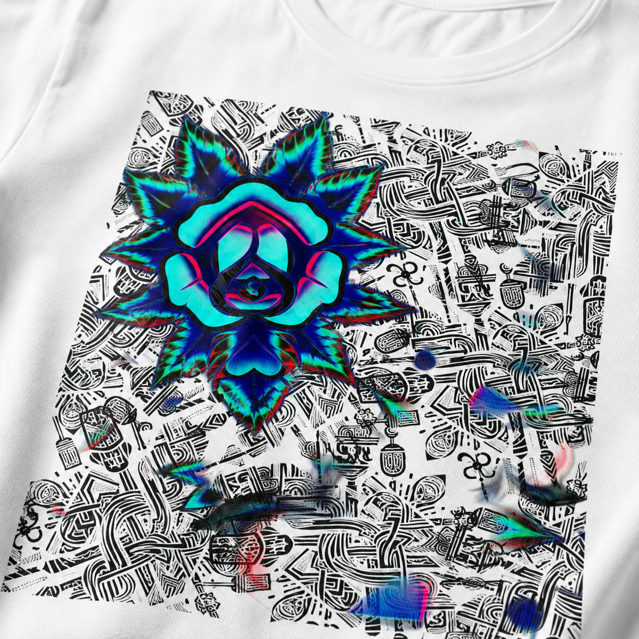 A close-up of a white t-shirt featuring a large square graphic print. The graphic displays a central psychedelic peace sign in vibrant cyan, green, and magenta, surrounded by a dense background of black hand-drawn doodles and graffiti-style elements with subtle 3D anaglyph shadow effects.