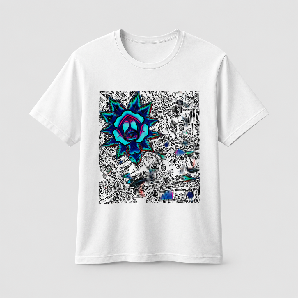 A white short-sleeve crewneck t-shirt with a large square graphic print on the front. The graphic features a stylized blue and purple rose over a black-and-white collage background with small colorful details, set against a light gray studio backdrop.