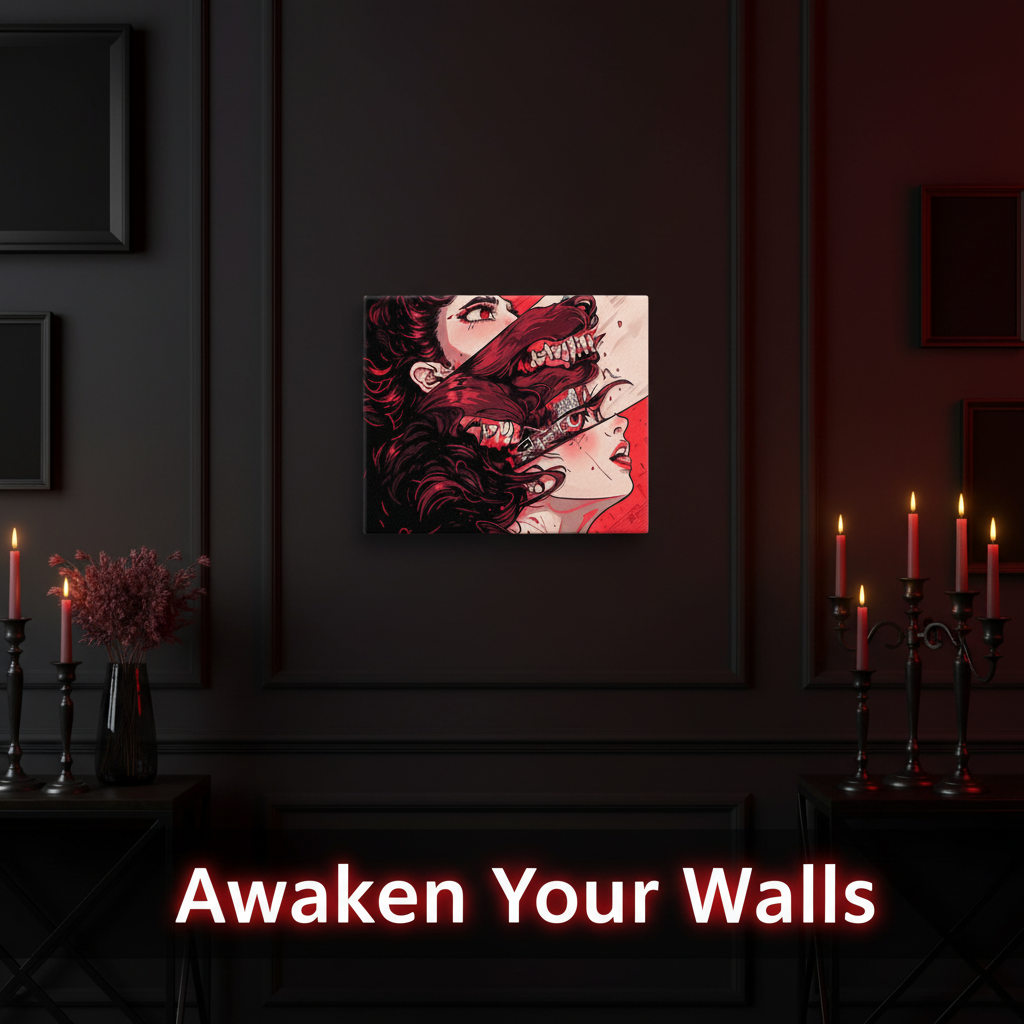 Artistic wall piece on a dark wall with candles and decorative elements.
