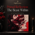 A canvas wall art print displayed on a dark shelf, featuring a stylized illustration with red hair, a monstrous face, and bold red-and-black graphic design. Text above reads 'HighDezign Primal Reflection: The Beast Within' and '10" x 8" Slim Canvas Wall Art.
