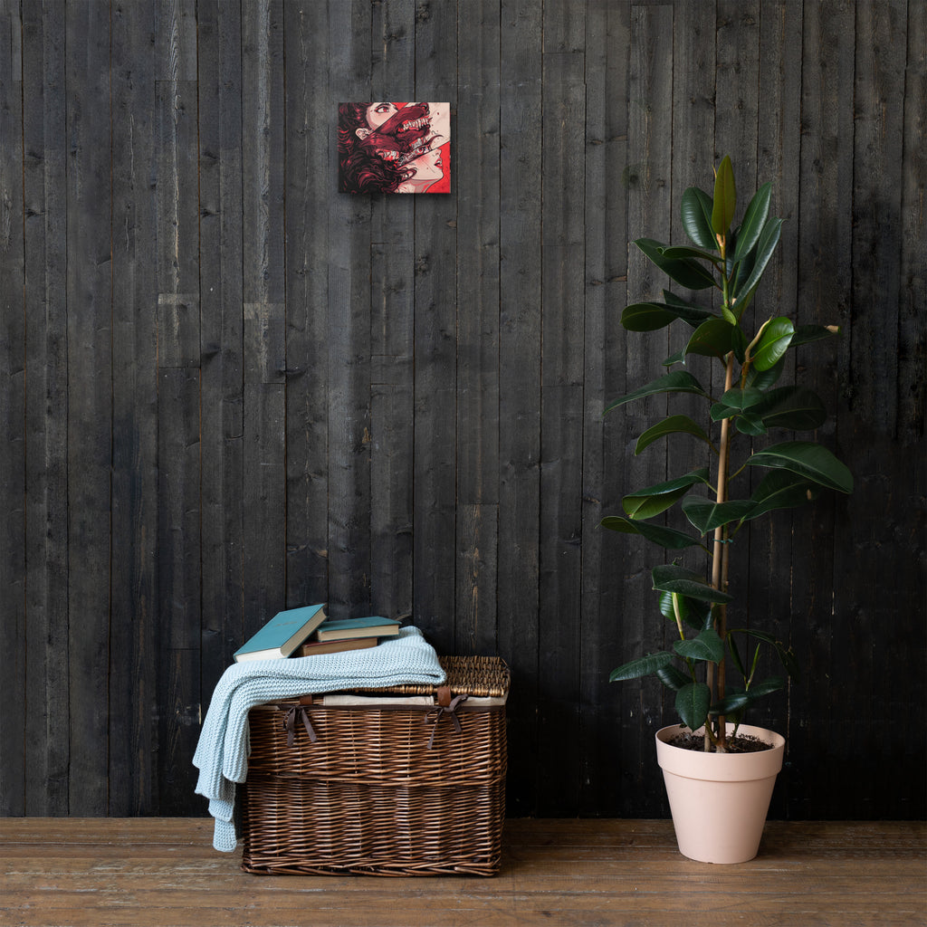 Wicker basket with folded clothes against a dark wooden wall with a plant on a wooden surface.