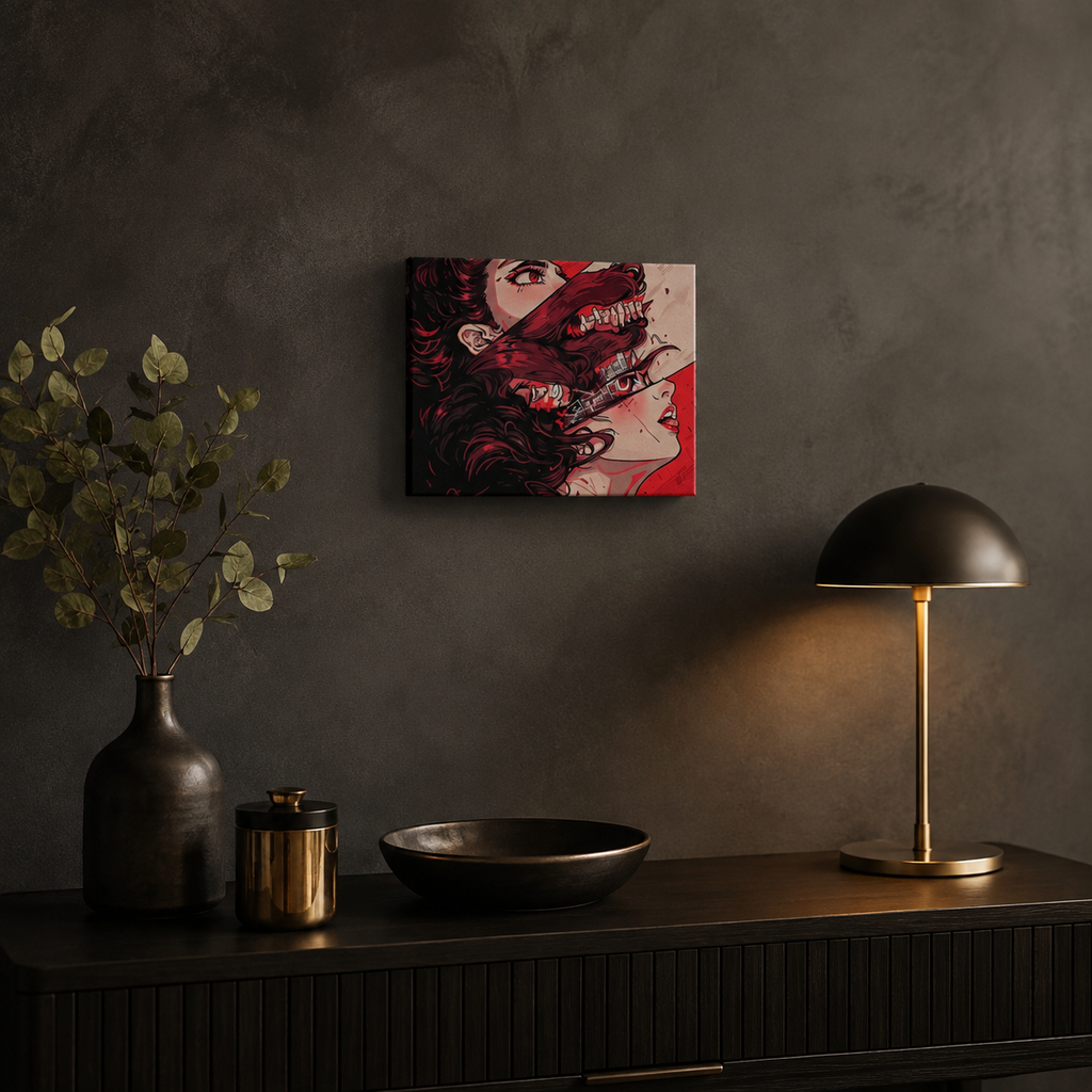 A square canvas art print featuring a stylized portrait of a woman with red hair and a red mask, displayed on a dark textured wall above a console table with a lamp, vase, and bowl.