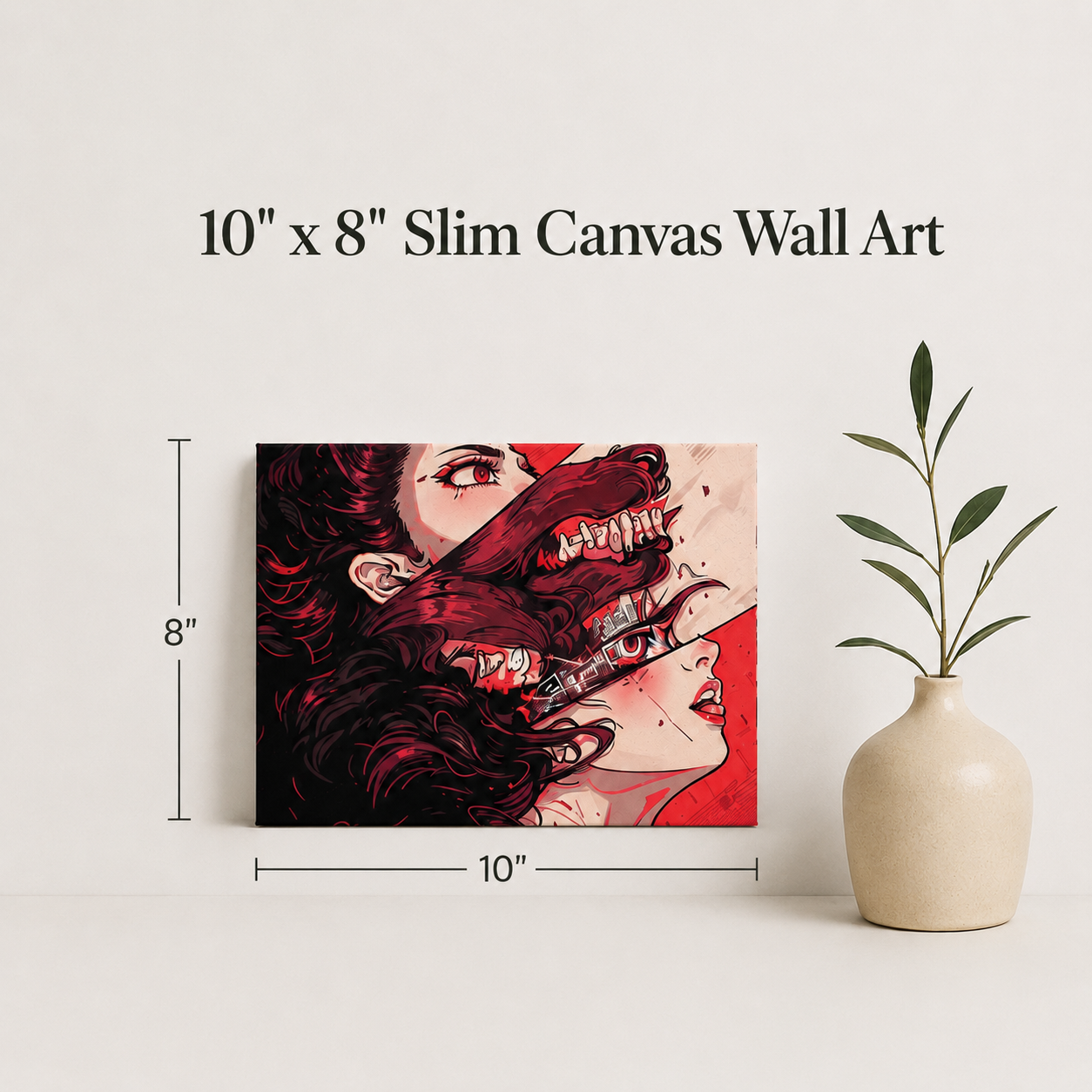 A 10 x 8 inch slim canvas wall art print showing a stylized red and black illustration of a woman's face, displayed on a light beige wall next to a small beige vase with green leaves. Black text at the top reads '10" x 8" Slim Canvas Wall Art' with dimension lines indicating 8 by 10 inches.