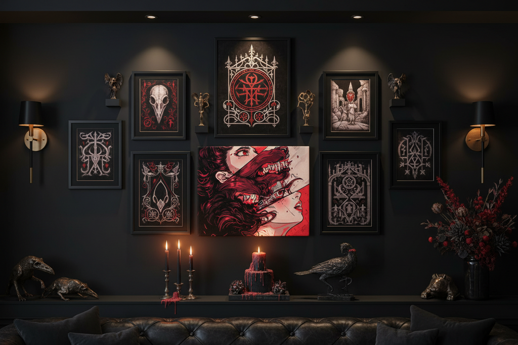 Dark wall with gothic-style artwork and decorative elements