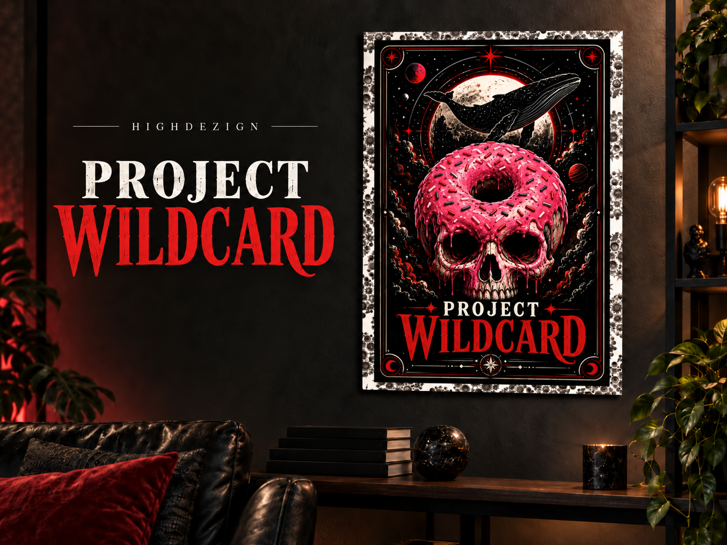 A framed poster for 'Project Wildcard' displayed on a dark wall in a styled interior setting. The poster features a skull with a pink donut pattern and a black bird silhouette against a dark background.