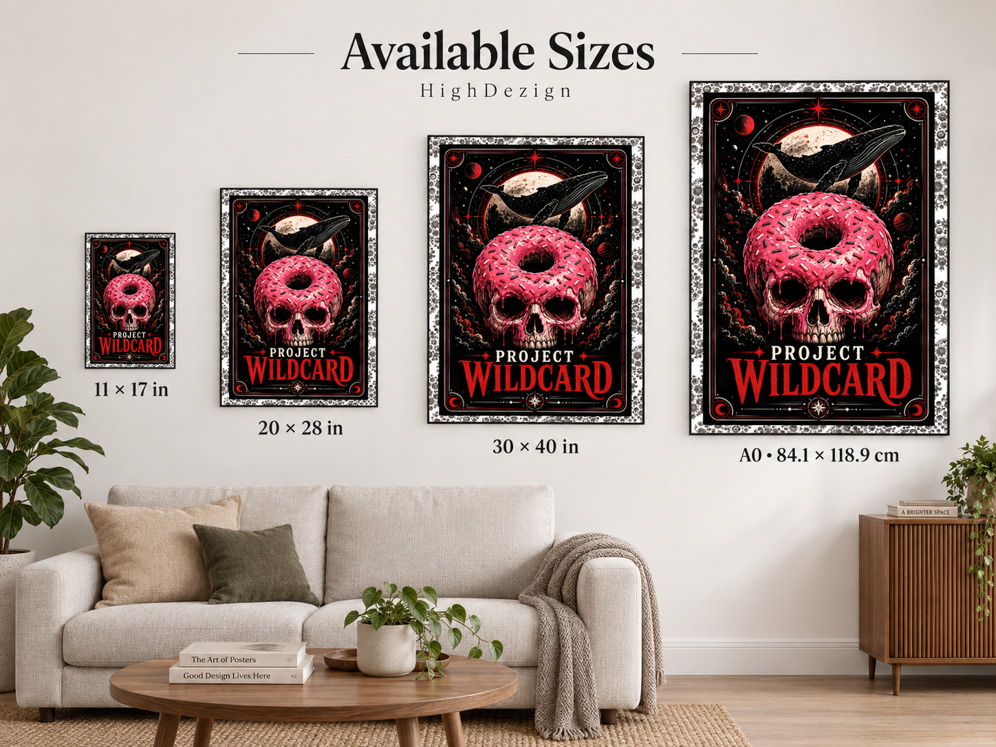 A living room mockup showing four framed wall art prints of the same design in different sizes, labeled 11 x 17 in, 20 x 28 in, 30 x 40 in, and A0 84.1 x 118.