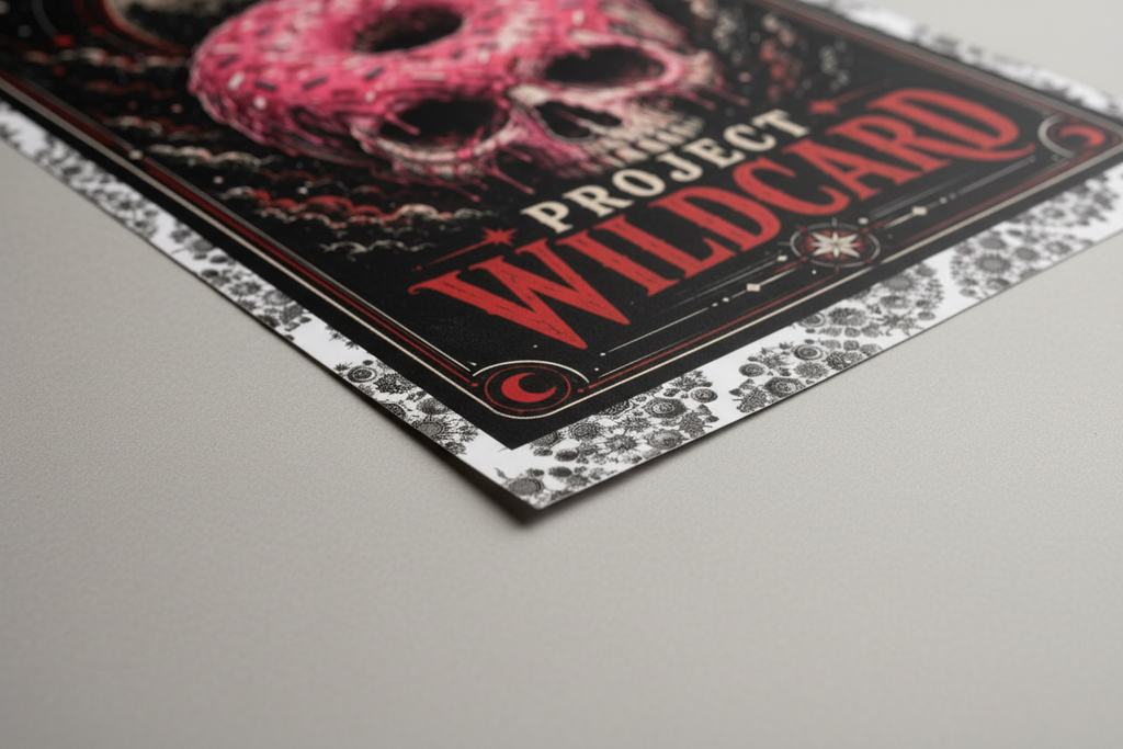 A close-up angled shot of a printed card or poster featuring a pink skull illustration and the text 'PROJECT WILDCARD' on a black background, placed on a light gray surface.