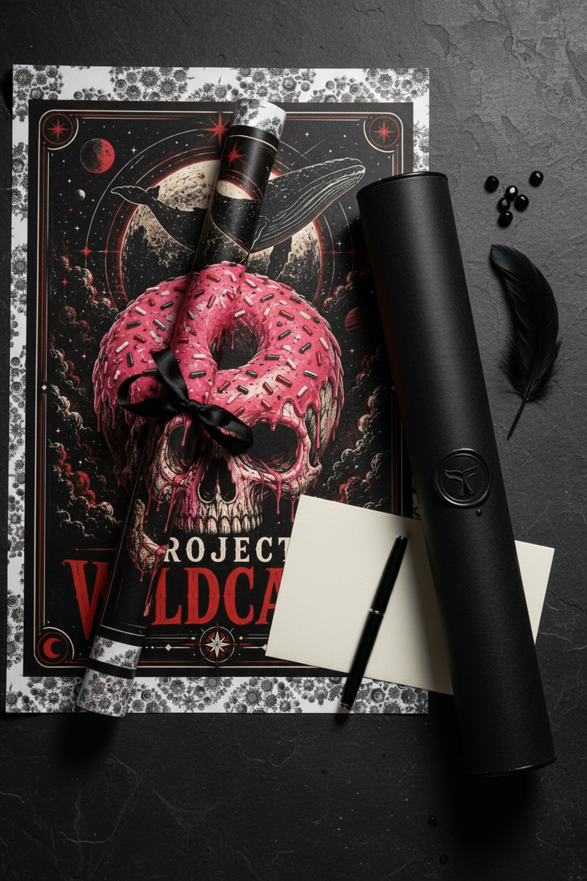 A gothic-themed flat lay featuring a rolled black scroll tied with a black ribbon over a poster of a skull on a pink donut, alongside a black cylindrical container, a pen, a small card, and a feather on a dark textured background.