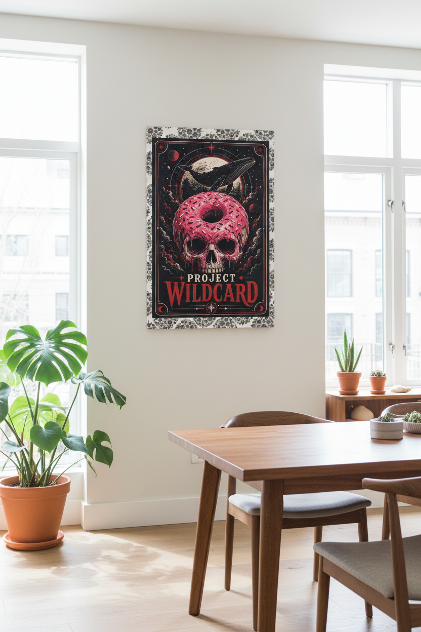 A framed wall art print featuring a pink skull and the words 'Project Wildcard' hangs on a light wall in a modern dining room with a wooden table, chairs, and potted plants.
