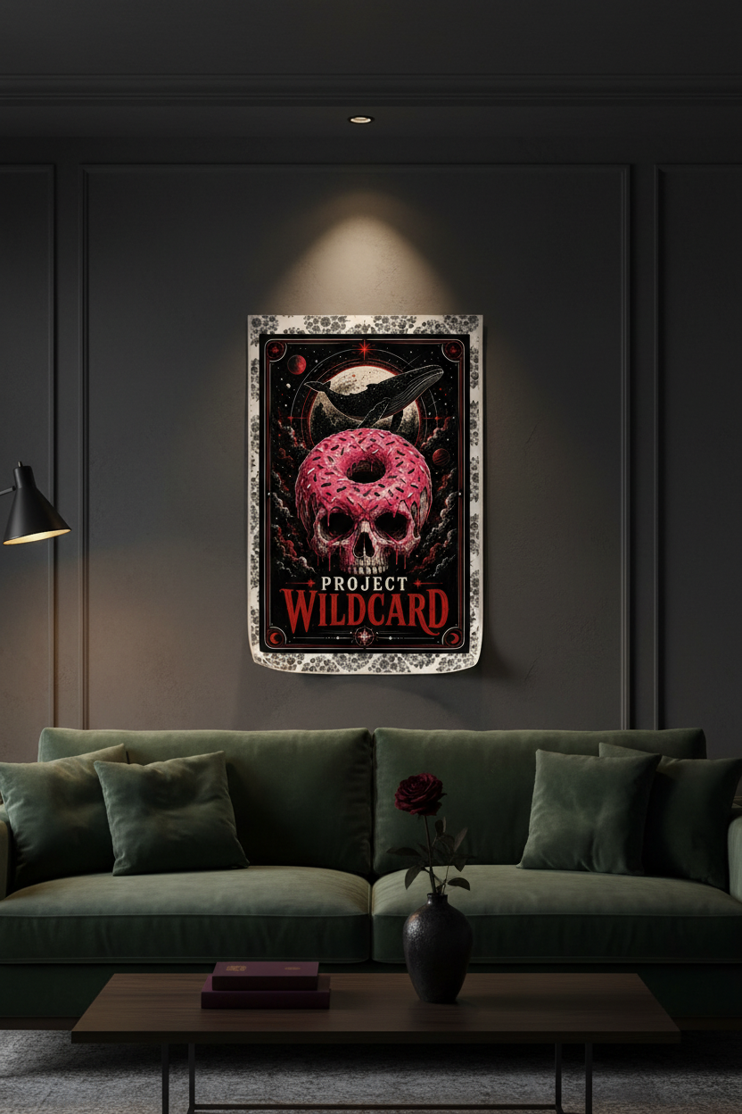 A gothic-style poster titled 'Project Wildcard' featuring a skull and pink donut illustration, displayed on a dark gray wall above a green sofa in a modern living room setting.