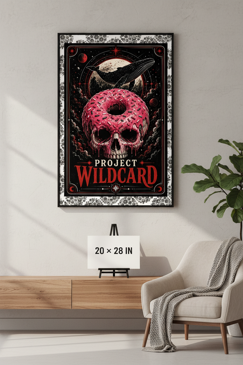 A framed art print featuring a skull and pink donut with the text 'PROJECT WILDCARD' is displayed on a wall in a modern living room setting above a wooden console table and a beige armchair.