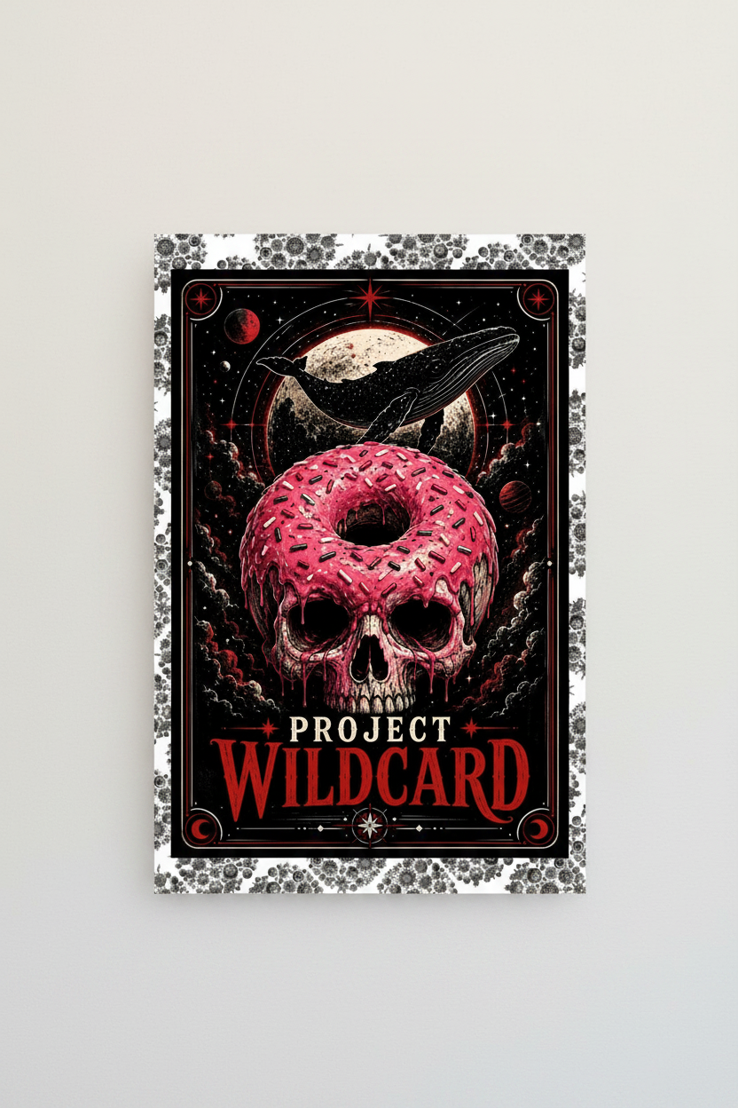 A vertical art print or poster featuring a pink frosted donut skull, a black whale silhouette, and red text reading 'PROJECT WILDCARD' on a dark background, mounted against a light gray wall.