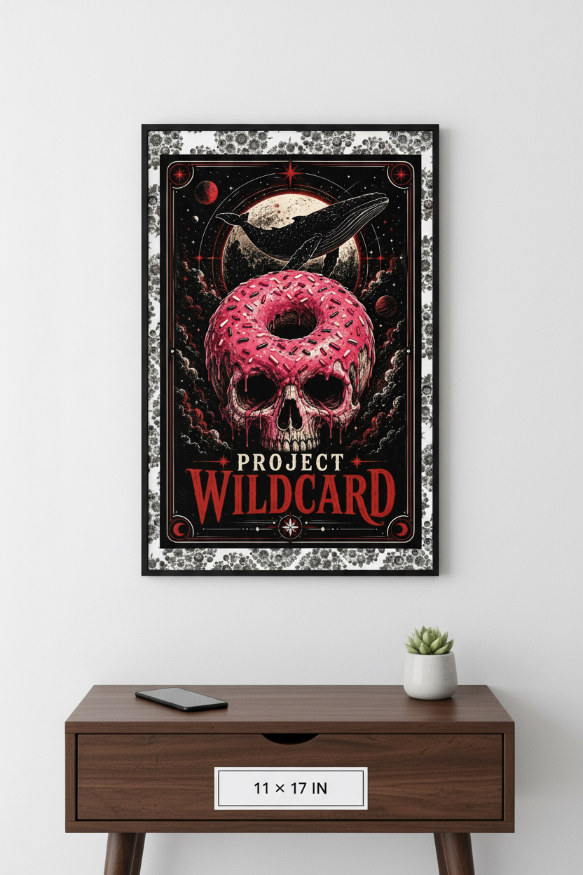 A framed art print featuring a pink frosted donut skull with a crow and moon in the background, labeled 'PROJECT WILDCARD'. The framed print is displayed on a light gray wall above a dark brown wooden console table with a small potted succulent.