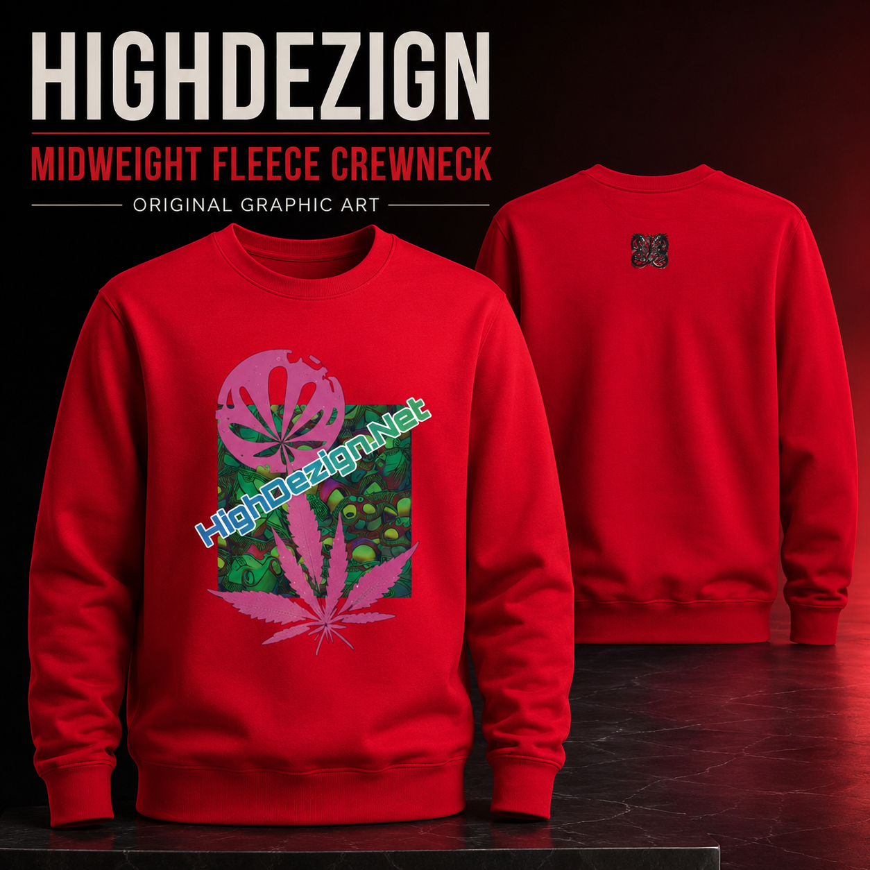 A red crewneck sweatshirt shown from the front and back on a dark studio background. The front features a large graphic print with pink cannabis leaf silhouettes, green foliage, and a diagonal 'Highdezign.