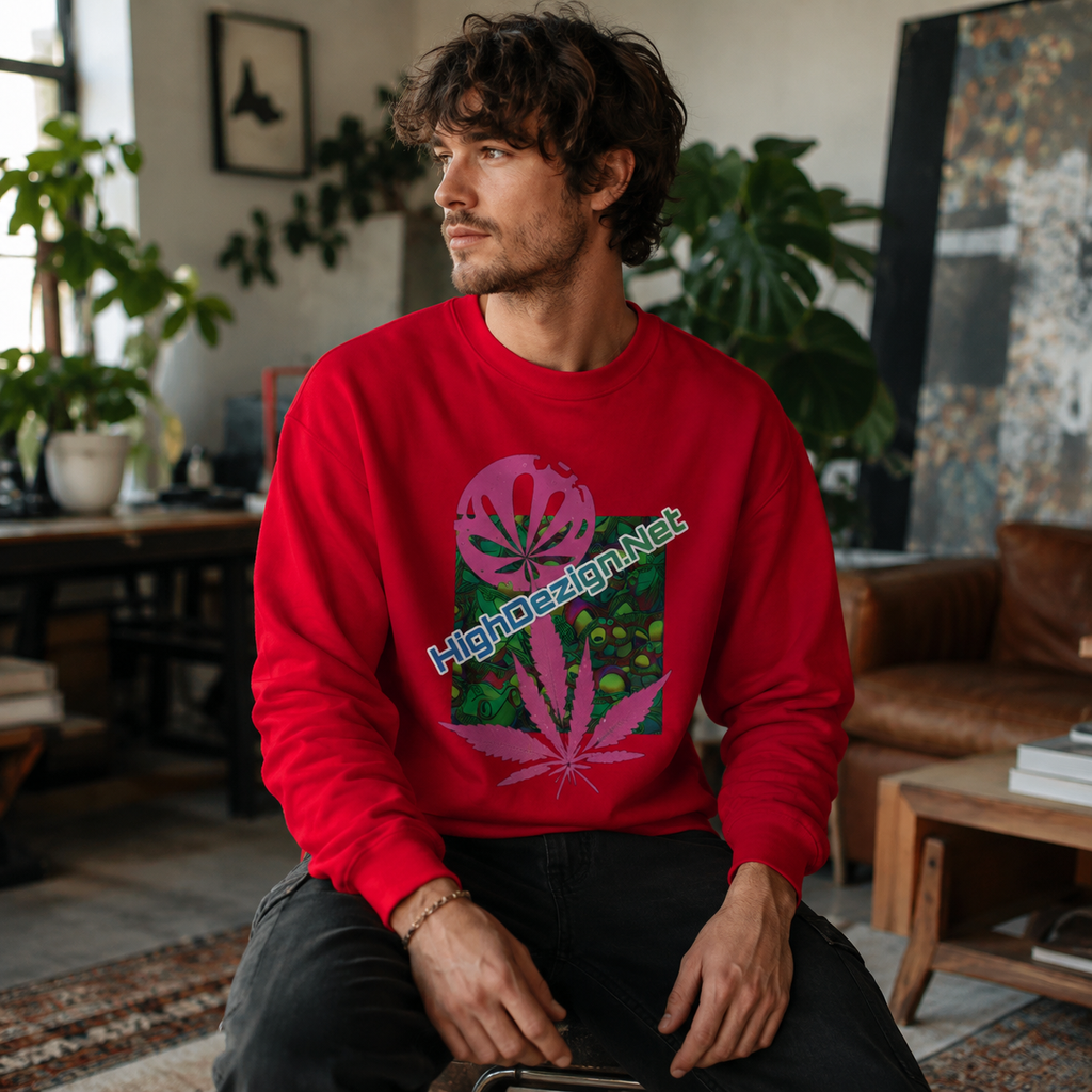 A man wearing a bright red crewneck sweatshirt with a colorful graphic print on the front, sitting in a cozy, plant-filled living room.