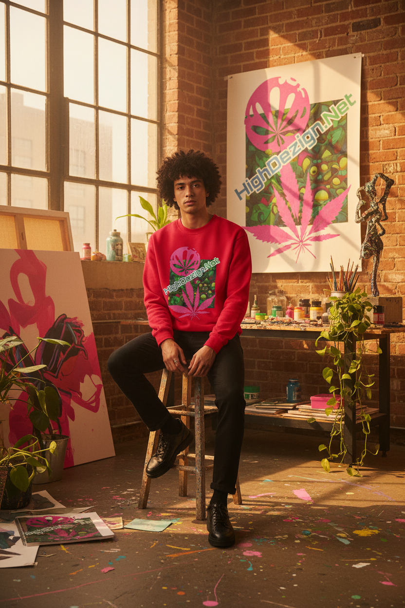 A red crewneck sweatshirt shown from both front and back on a light gray background. The front features a large graphic of a pink cannabis leaf over green leaves with the text 'HighDezign.net' in a light blue gradient.